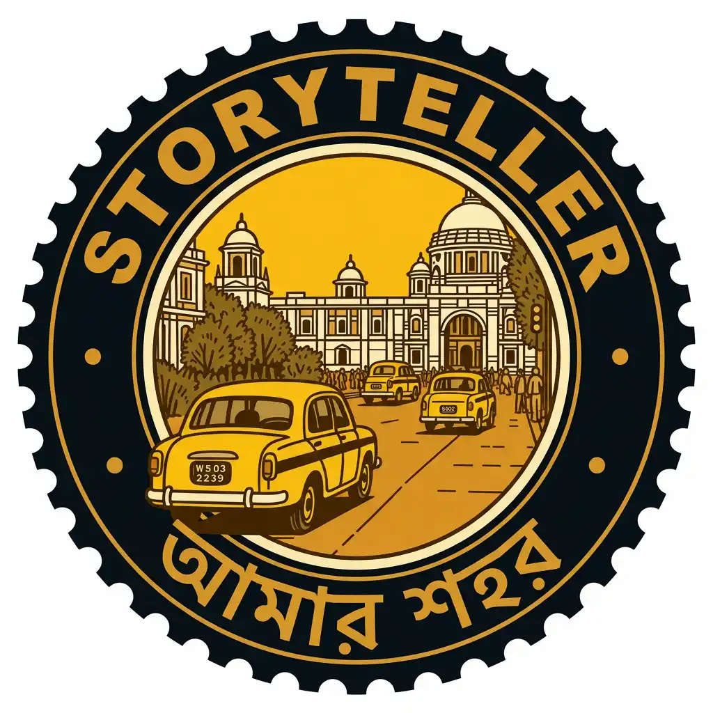 Storyteller Kolkata circular badge logo with tram and taxi illustration and Bengali text