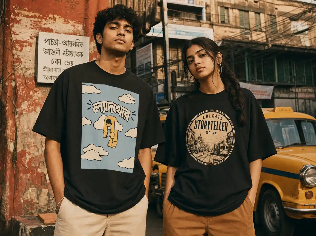 Two models wearing Storyteller graphic t-shirts on a Kolkata street with a yellow taxi and old buildings