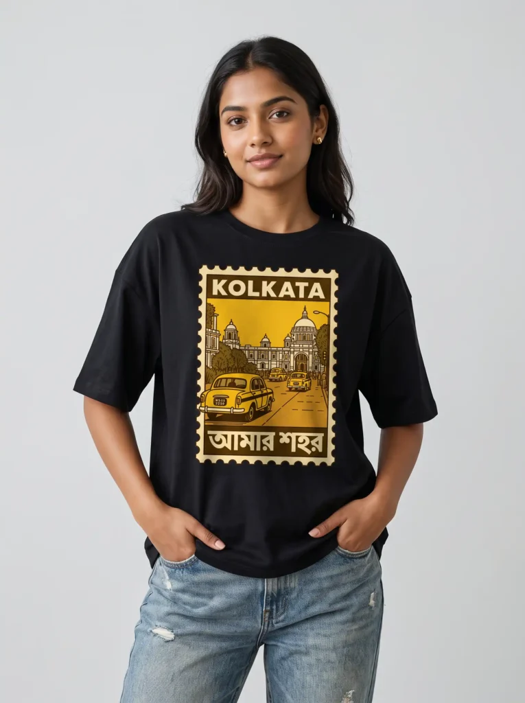 Woman wearing an oversized black Storyteller Kolkata graphic t-shirt, studio shot on grey background