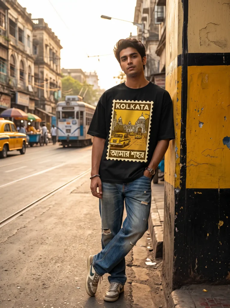 Model wearing a black Storyteller Kolkata postage-stamp graphic tee, leaning against a yellow and black wall with a Kolkata tram and taxi in the background
