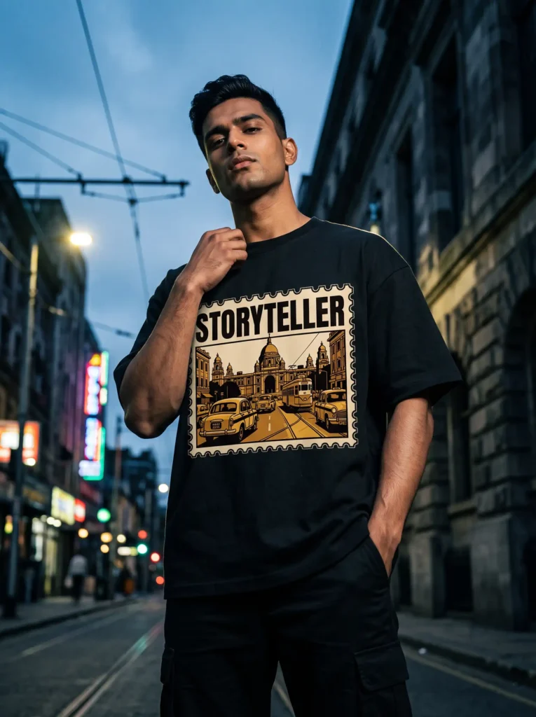 Man wearing a black Storyteller Kolkata graphic t-shirt on a Kolkata street at dusk