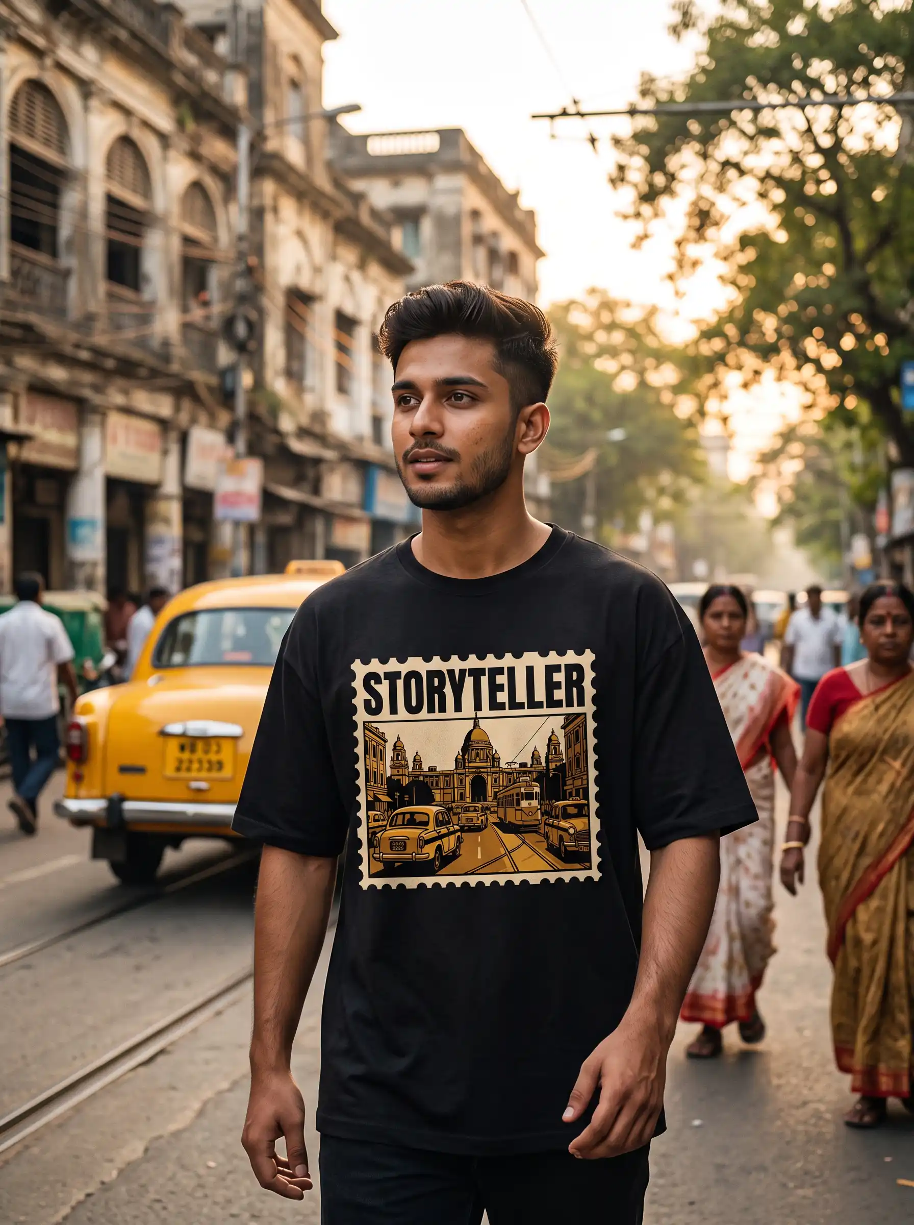 Man wearing an oversized black Storyteller Kolkata graphic t-shirt on a Kolkata street with a yellow taxi and pedestrians in traditional dress
