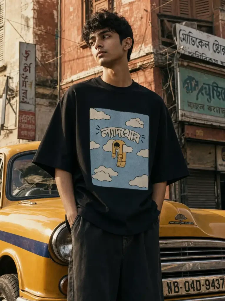 Woman wearing a black Storyteller Kolkata graphic t-shirt near Howrah Bridge on the Hooghly riverside