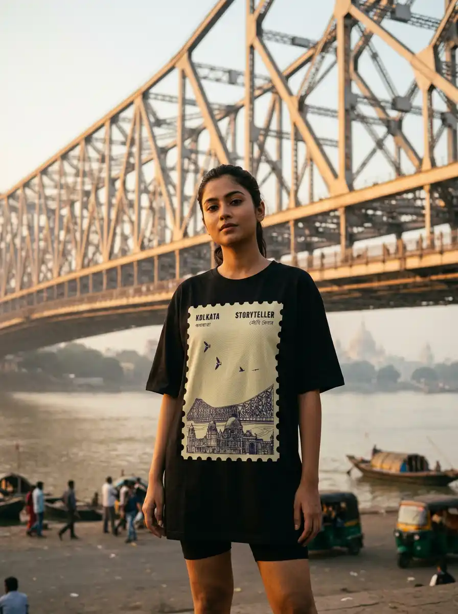 Man wearing an oversized black Bengali slang graphic t-shirt against a weathered Kolkata building wall