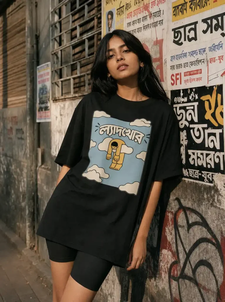 Woman wearing a black oversized Bengali slang graphic t-shirt against a wall covered in Bengali posters