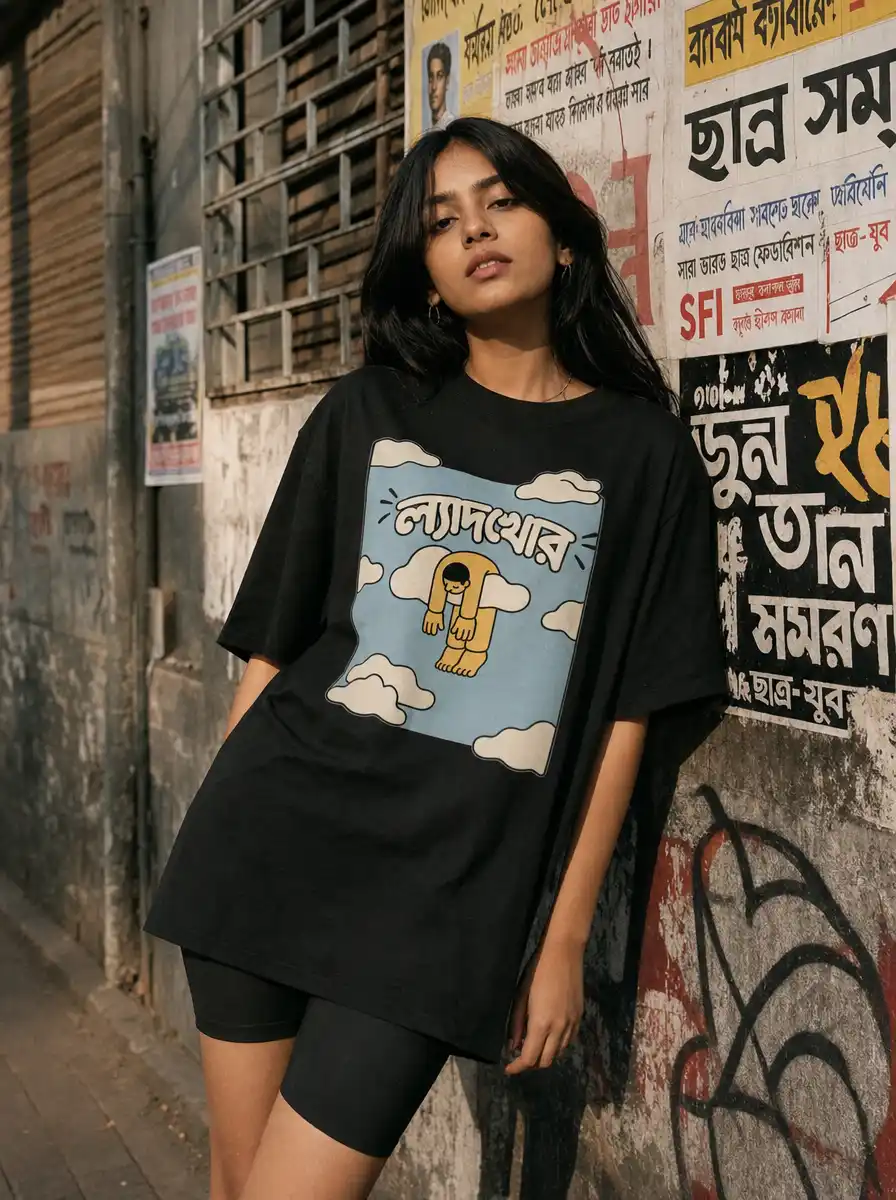 Woman wearing a black oversized Bengali slang graphic t-shirt against a wall covered in Bengali posters