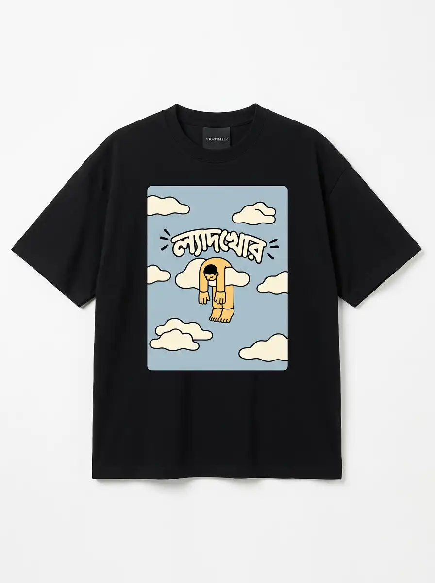 Black Bengali slang graphic t-shirt with cloud illustration, flat product shot