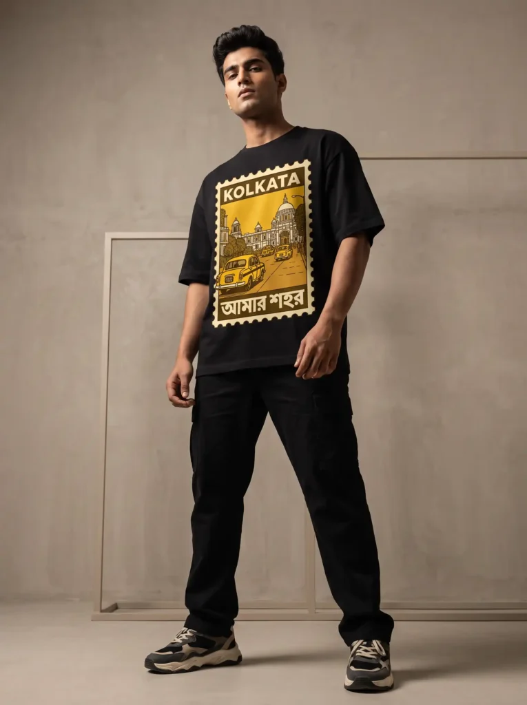 Man wearing an oversized black Storyteller Kolkata graphic t-shirt, studio shot on beige background