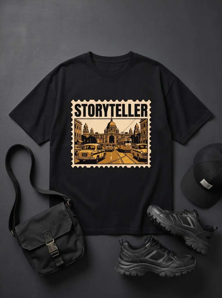 Storyteller graphic t-shirt flat lay with cap, sling bag and black sneakers on a grey background