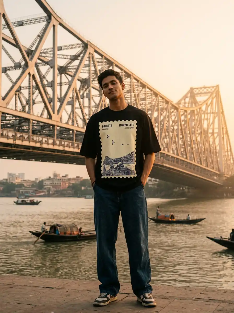 Man wearing a Storyteller Kolkata graphic t-shirt near Howrah Bridge at sunset
