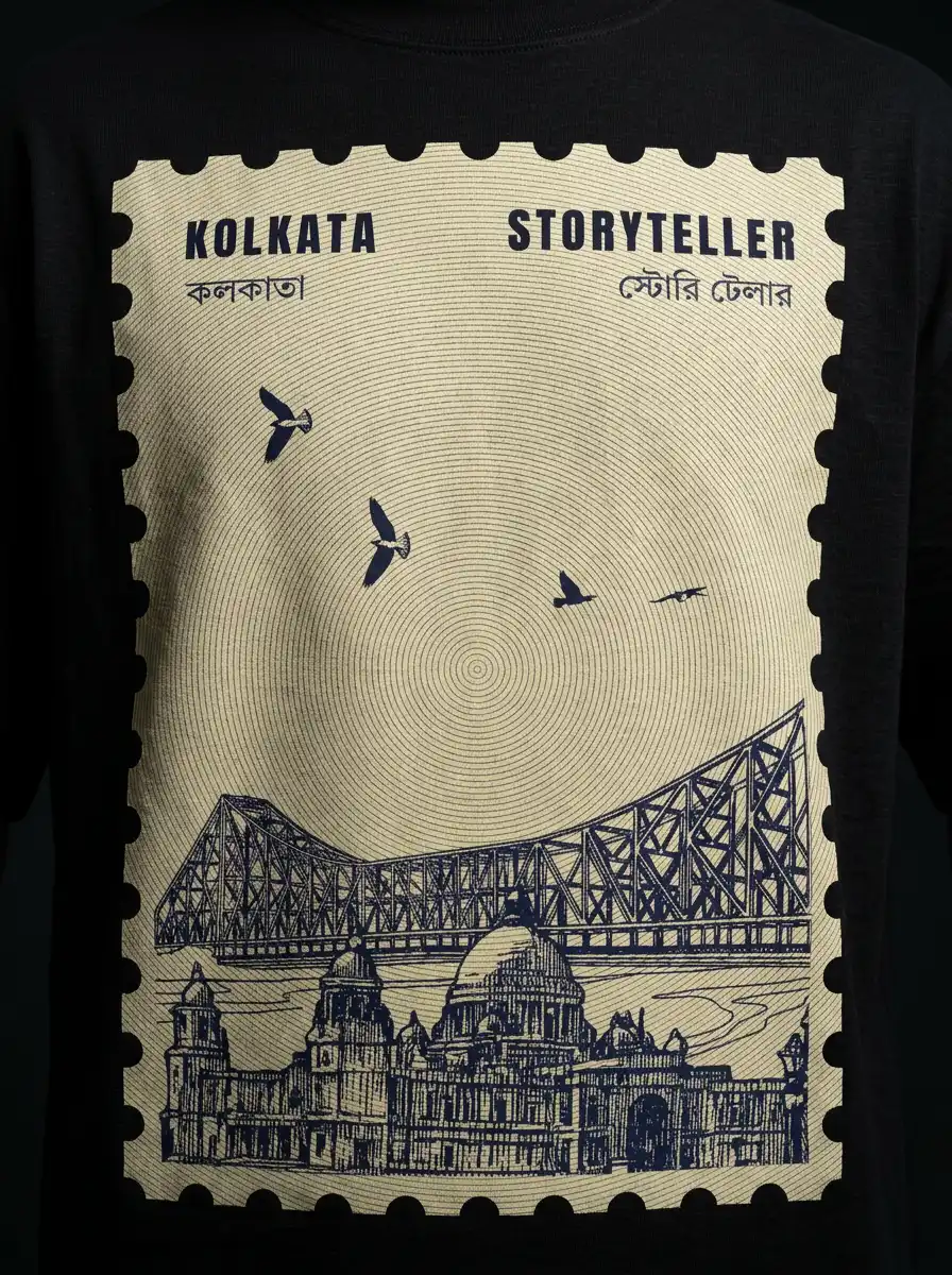 Back print of a Storyteller Kolkata t-shirt featuring Howrah Bridge and birds in a postage-stamp design