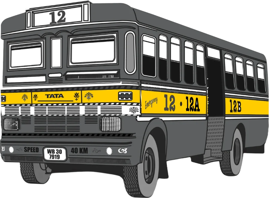 Illustrated Kolkata public bus graphic on the Storyteller website