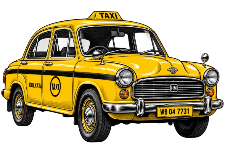 Illustrated Kolkata yellow taxi graphic on the Storyteller website