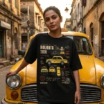 Holud Taxi Kolkata yellow cab graphic t-shirt, front print