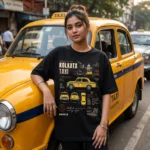 Holud Taxi Kolkata yellow cab graphic t-shirt, front print