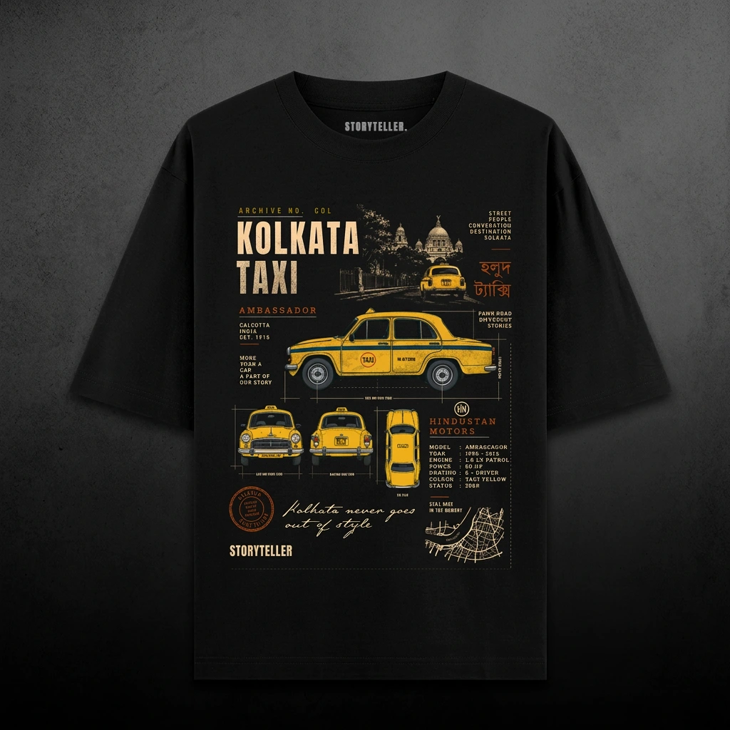 Holud Taxi Kolkata yellow cab graphic t-shirt, front print Holud Taxi Kolkata yellow cab graphic t-shirt, front print