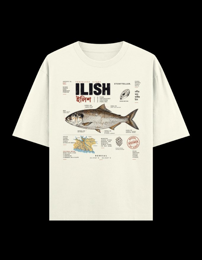 Ilish First Fish of the Rain Oversized graphic t-shirt from Kolkata, front print Ilish First Fish of the Rain Oversized graphic t-shirt from Kolkata, front print